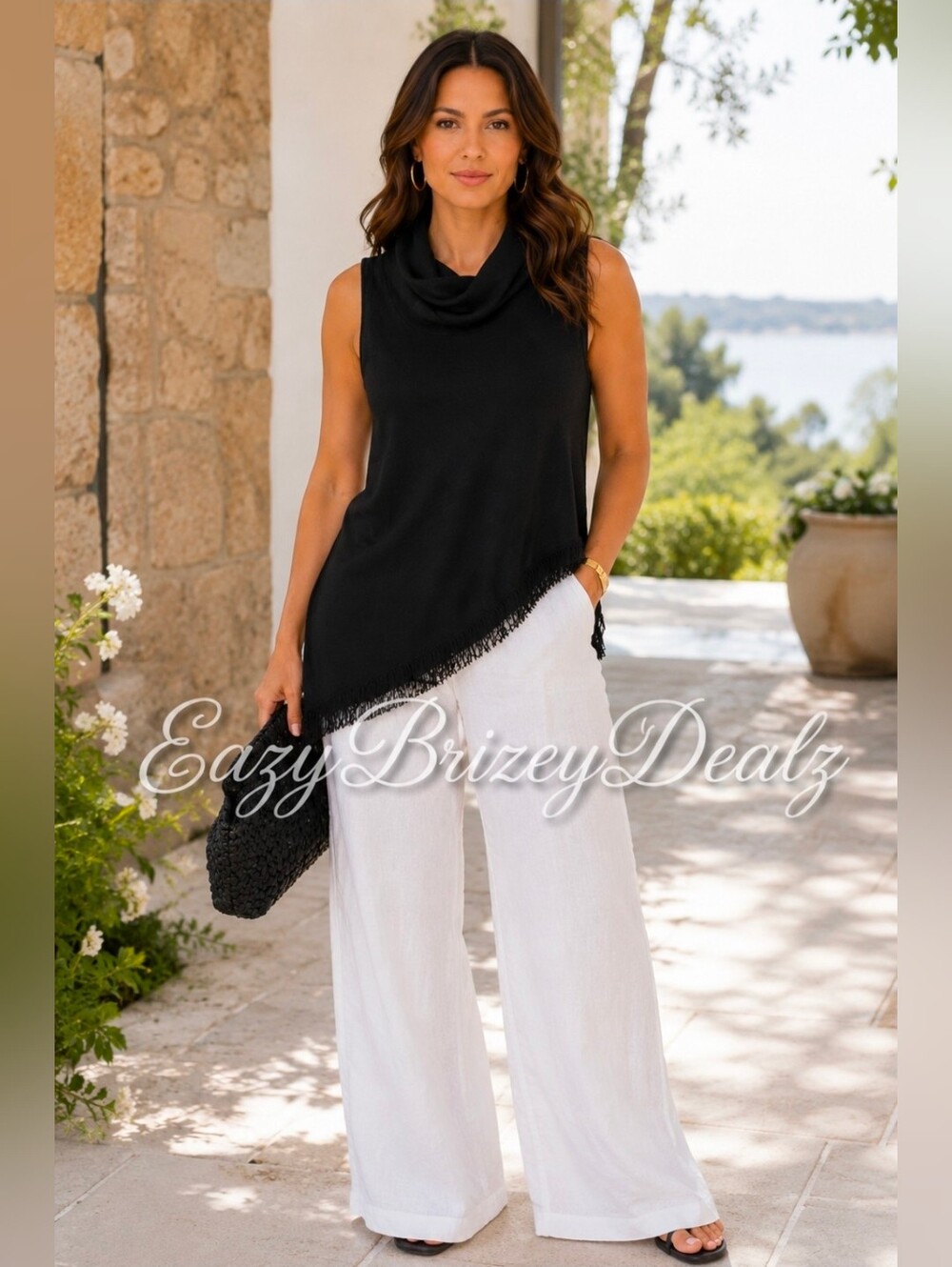 Robert Rodriguez Becca Black Fringe Asymmetrical Cowl Neck Knit Top M